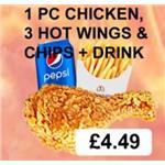 1pc Chicken, 3 hot Wings & Chips, Drink
