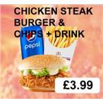 Chicken Steak Burger & Chips, Drink